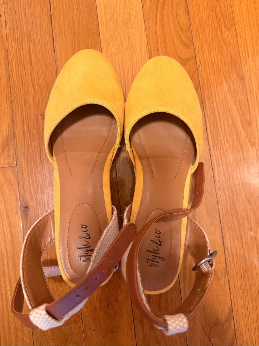 Style & Co. Yellow Suede D'Orsay Flats with Brown Ankle Strap